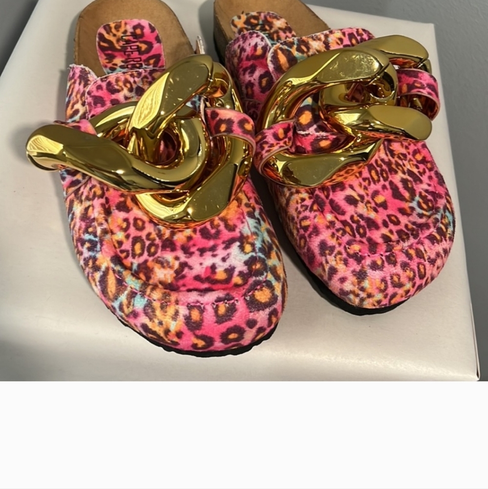 New Cape Robbin Colinda Pink Leopard Slip On Big Buckle Gold Slide Mule Sandal - Picture 3 of 10